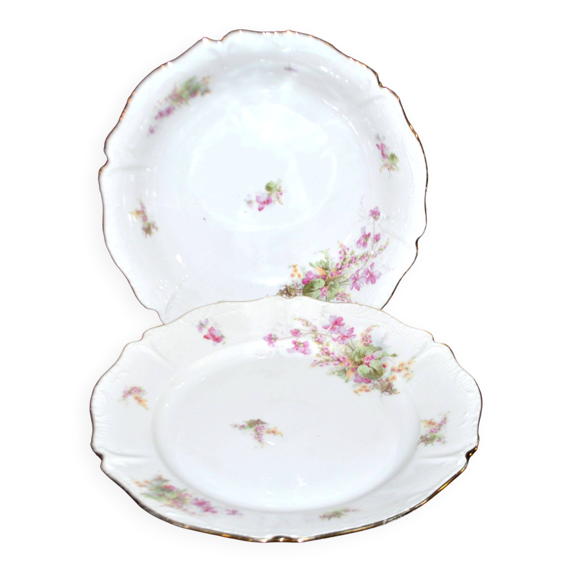 Vintage floral porcelain salad bowl with gilding + matching round plate