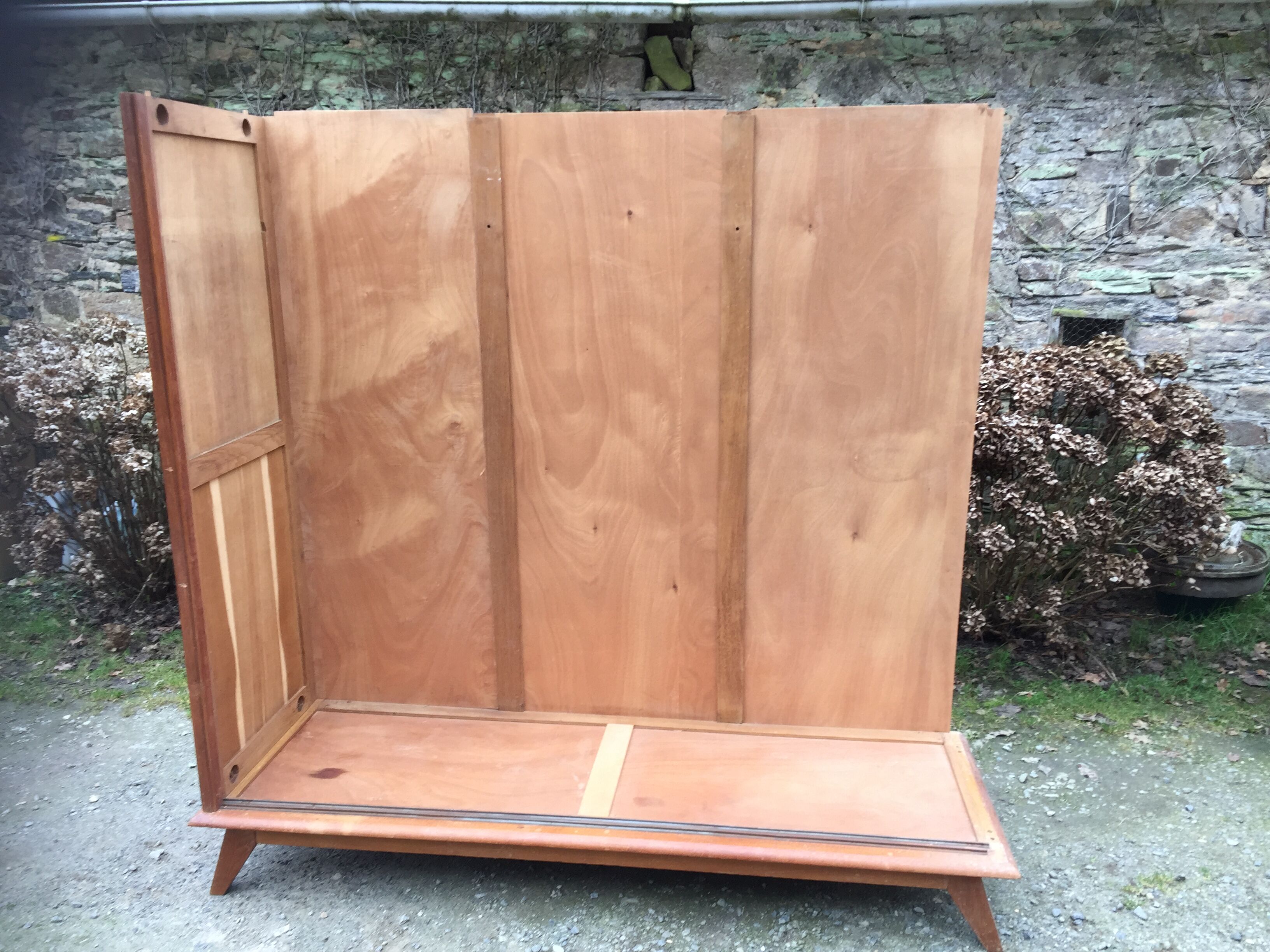 Vintage wardrobe compass feet with 3 sliding oak doors.