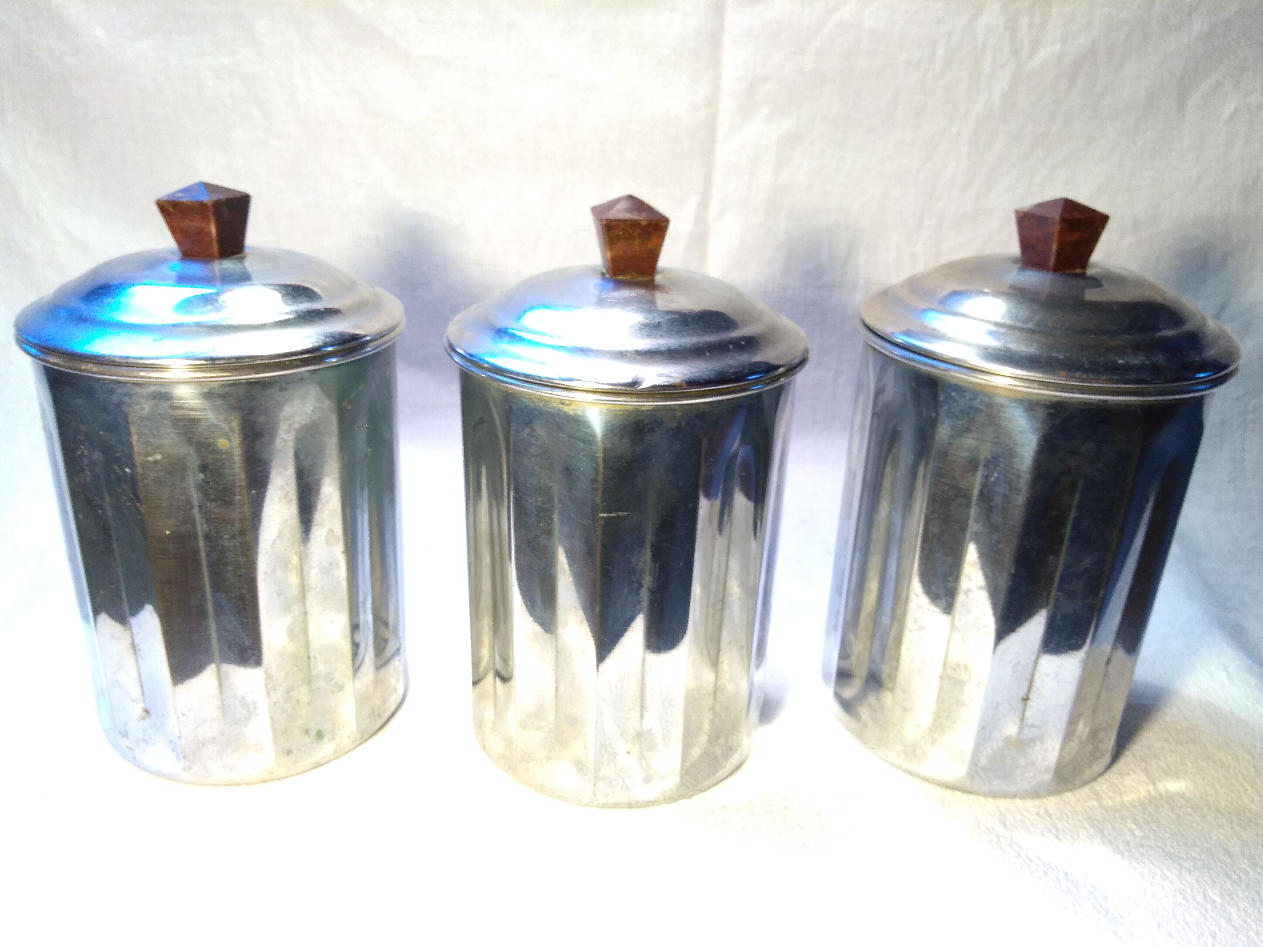 3 metal spice pots, 60s