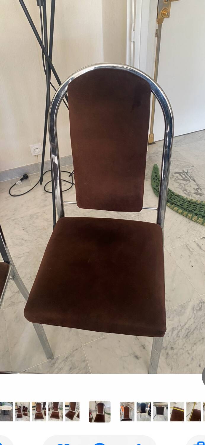 Quatre chaises chrome et velours ras marron design 70