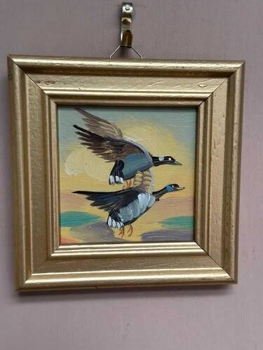 Mid-Century Oil on Panel – “Birds” by Unknown, Vintage & Framed 11 × 11 cm