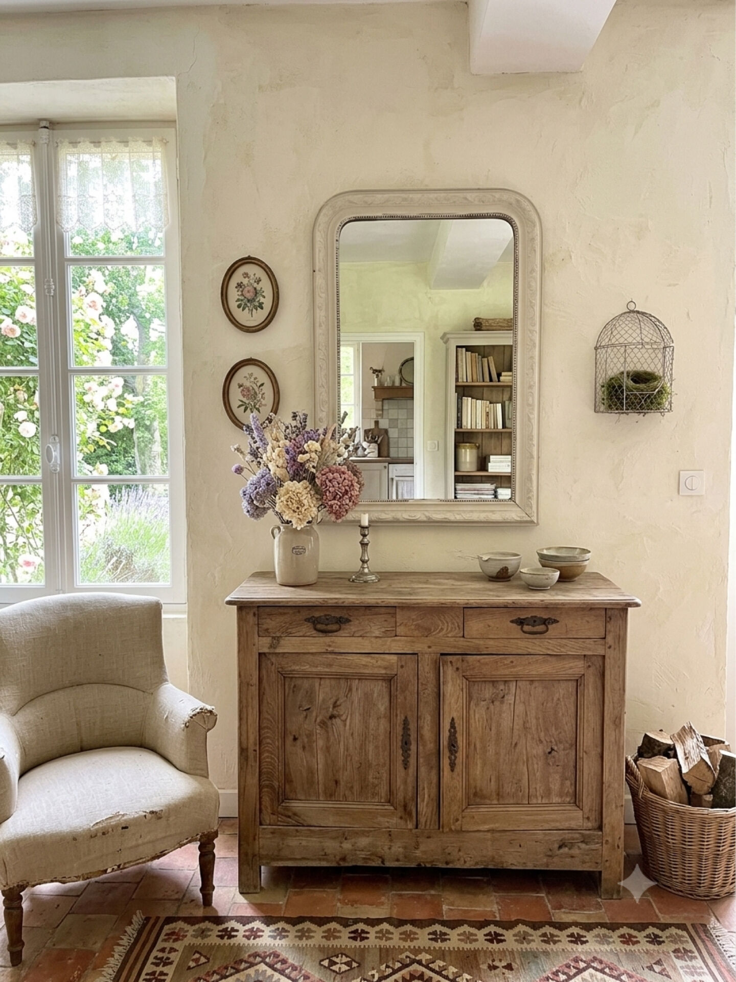 Antique Louis-Philippe mirror with pearls and shells, white patina.
