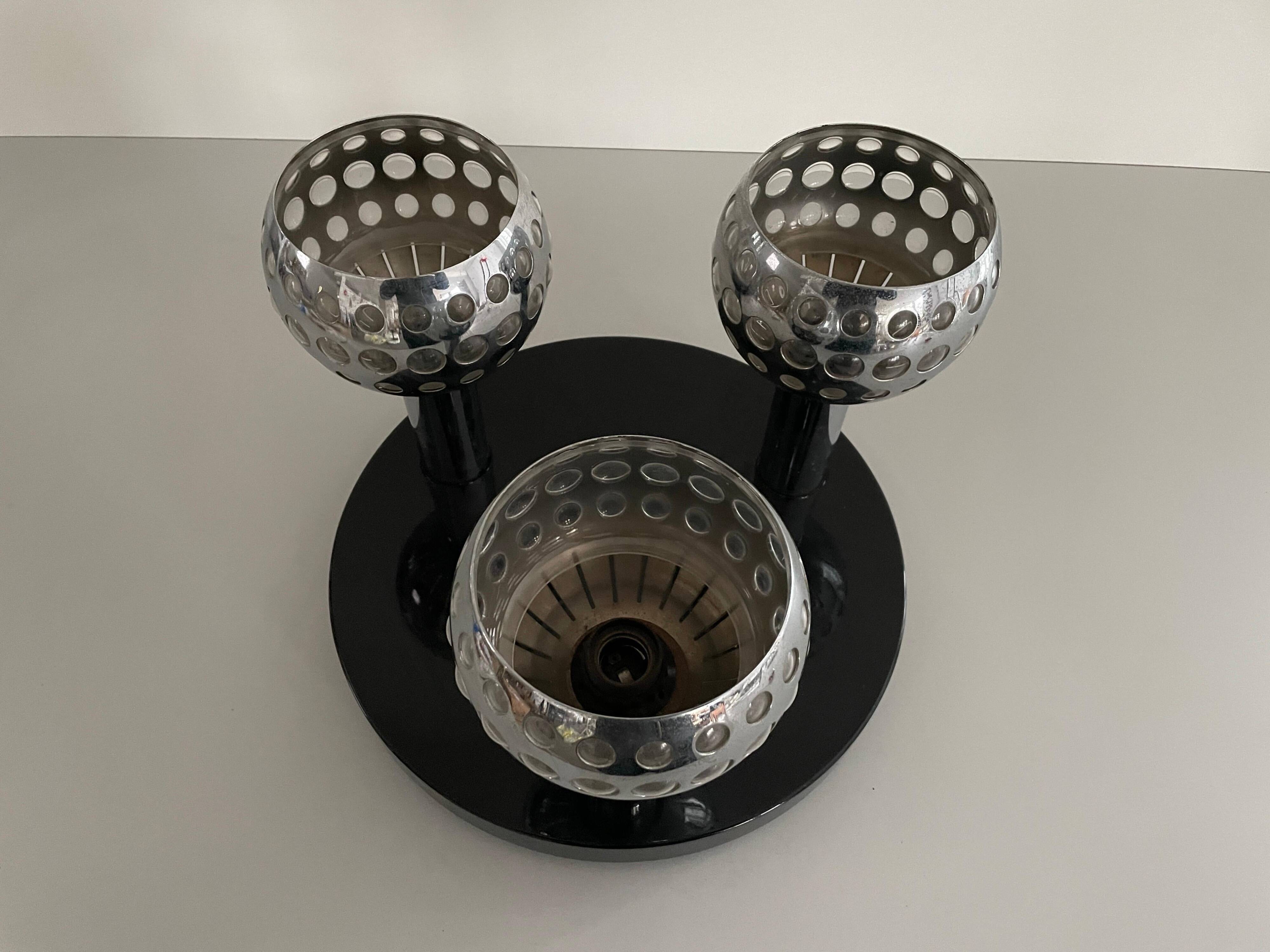 Mid-century ceiling light with 3 shades and wooden base, 1960s, Italy.