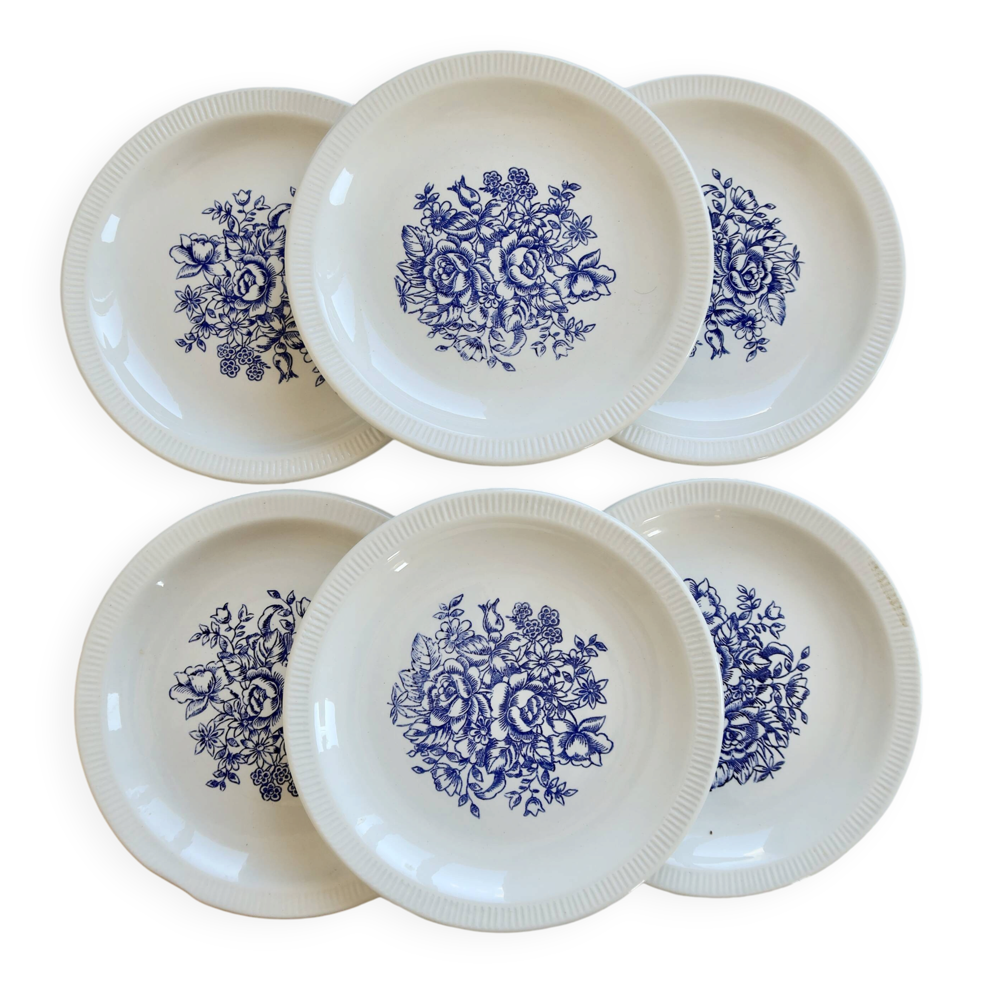 6 vintage porcelain dessert plates – Blue floral bouquet design