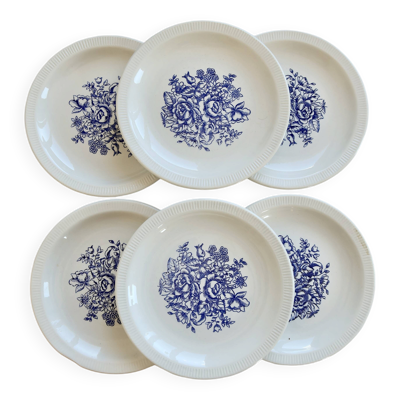 6 assiettes à dessert vintage en porcelaine – Décor bouquet fleuri bleu
