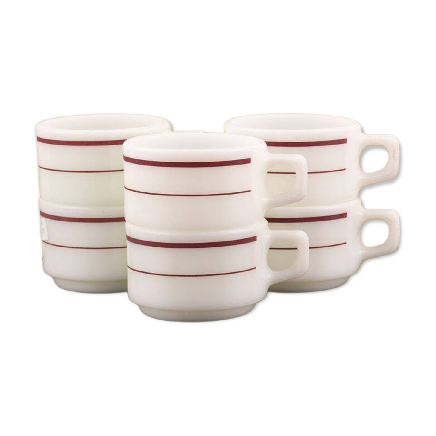 6 vintage Pyrex tableware cups USA - opaline glass with burgundy band - 1970s