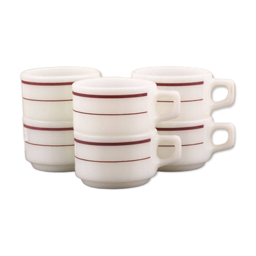 6 vintage Pyrex tableware cups USA - opaline glass with burgundy band - 1970s
