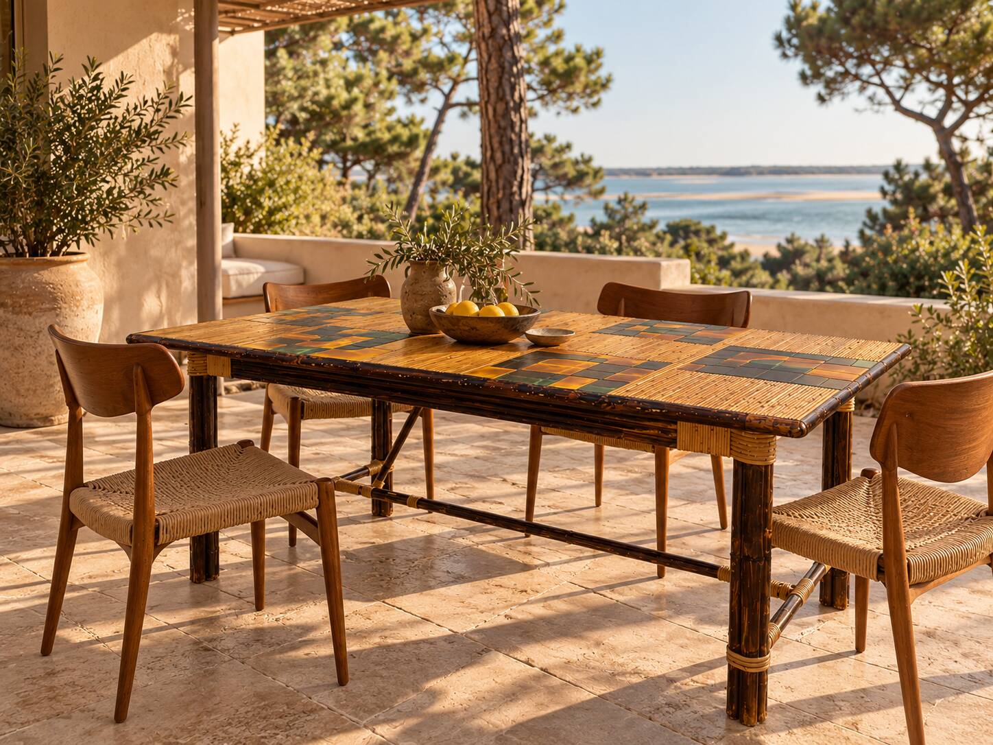 Dining table in stained rattan, bamboo and ceramic - audoux & minet
