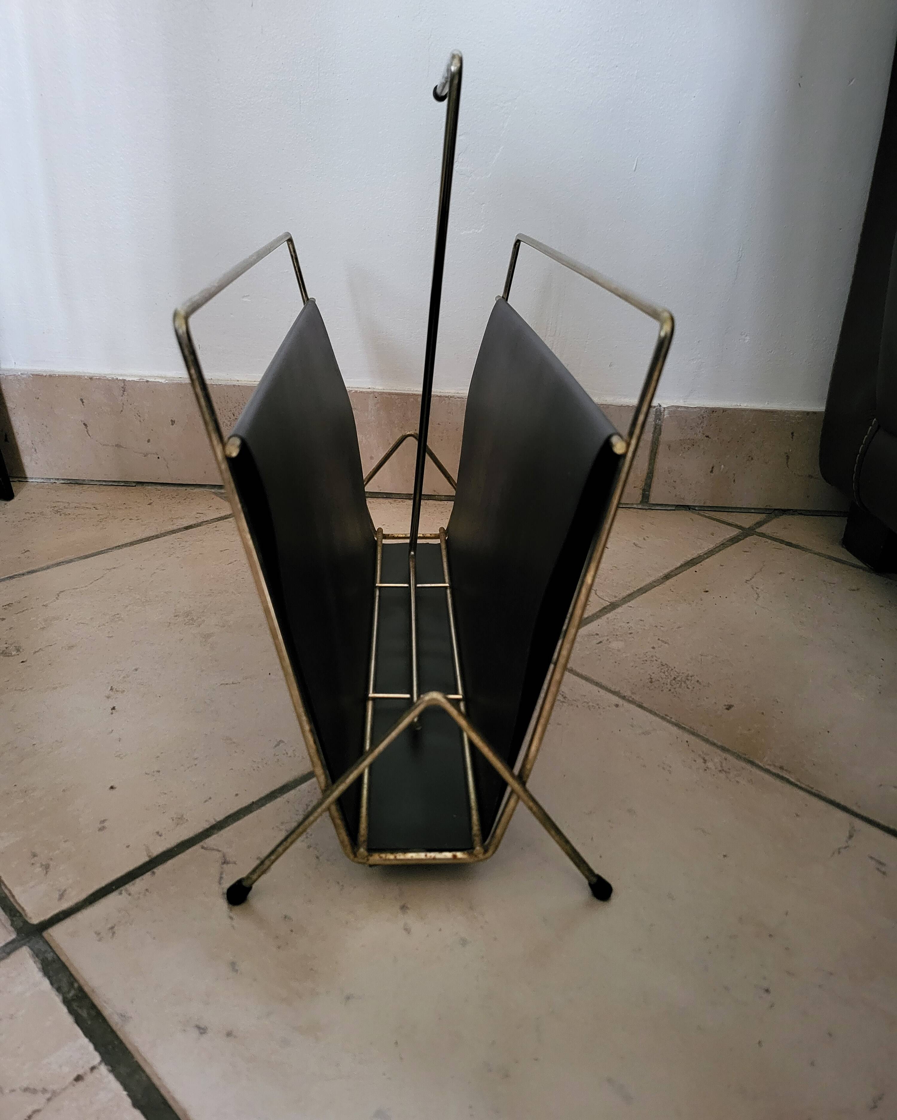 Vintage metal magazine rack in gold and black vinyl Newspaper holder