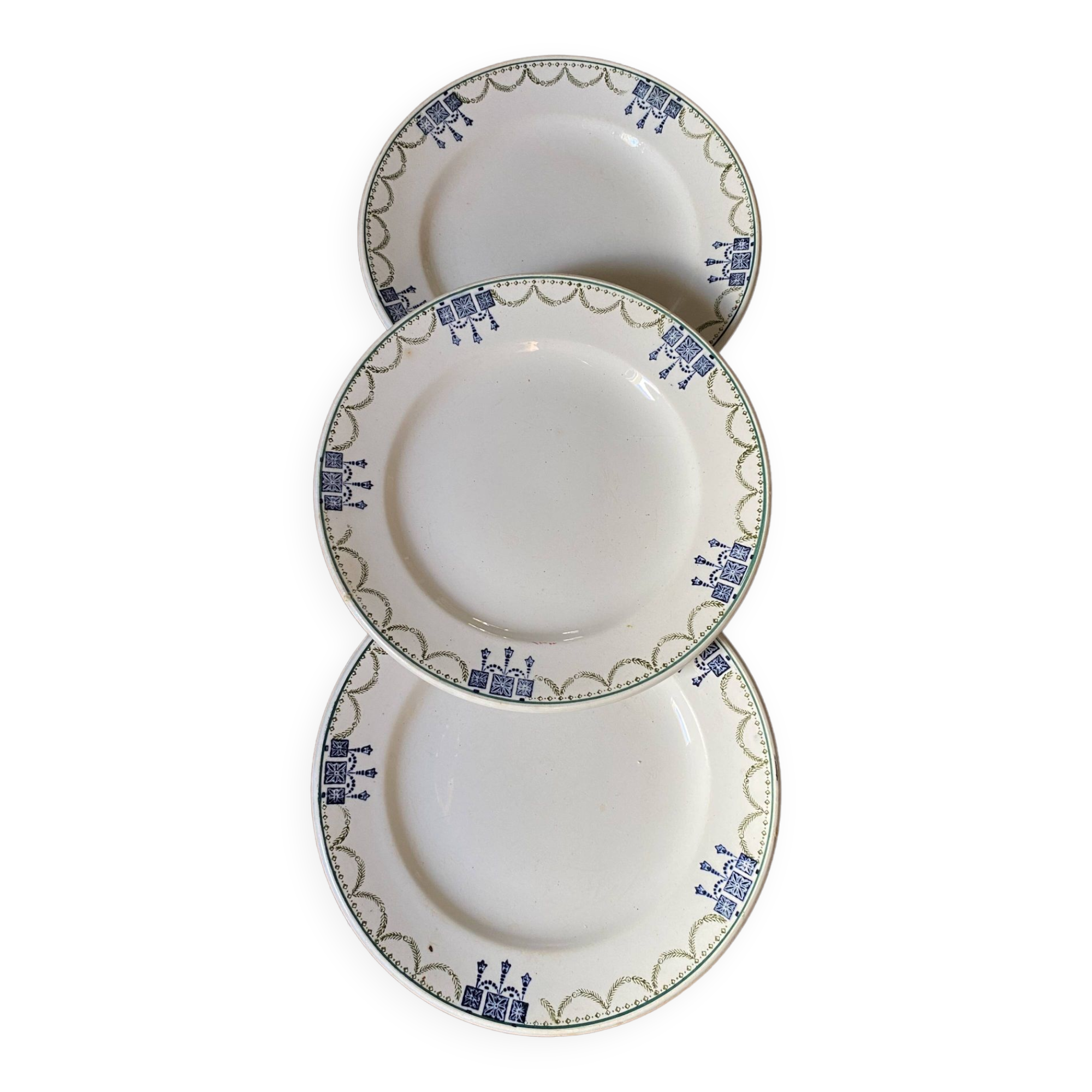 3 dessert plates stamped in art deco style.