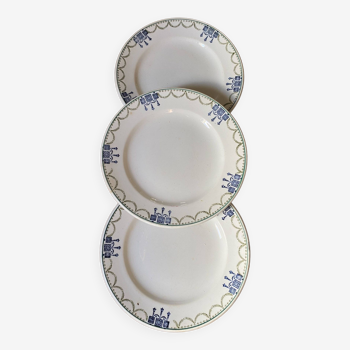 3 dessert plates stamped in art deco style.