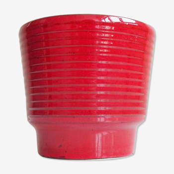 Ceramic plant pot with grooved decor - mid century flower pot - red planter