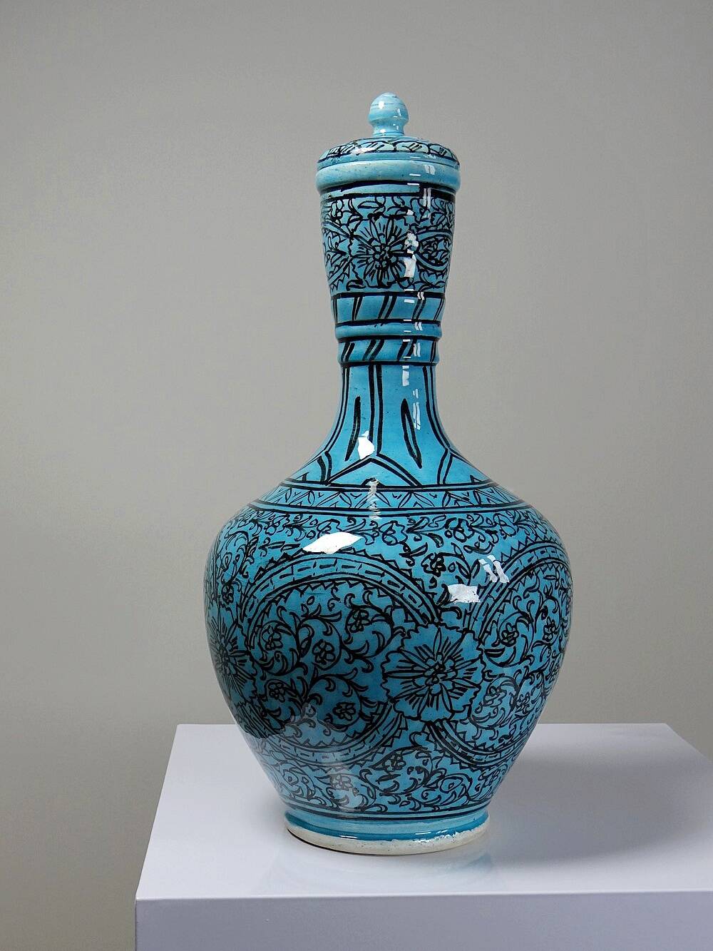 Covered vase or Persian jar, glazed Iznik pottery, vintage turquoise painted.