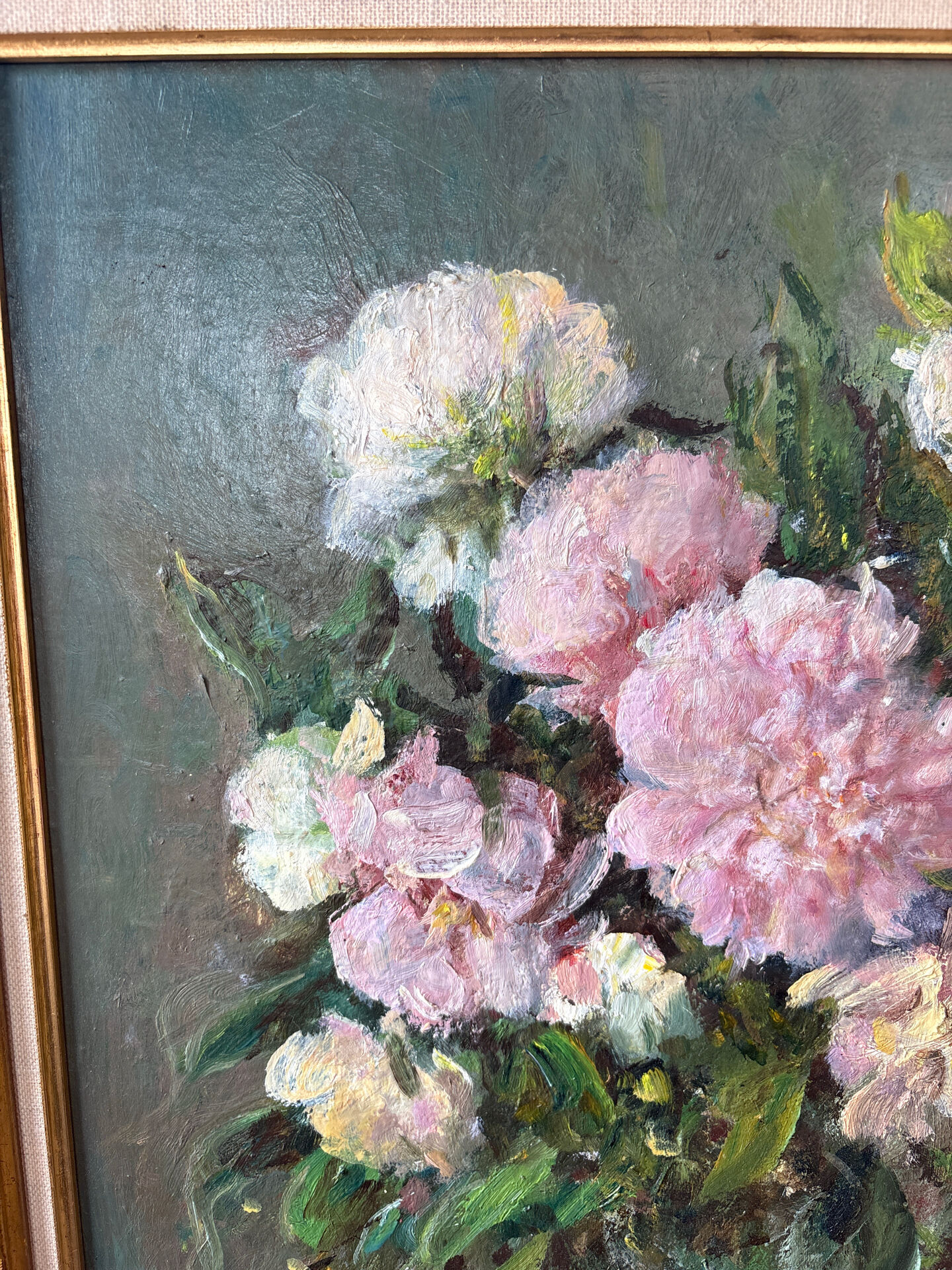 Large painting by Victor Zolnierowicz, peonies, oil on canvas, frame year