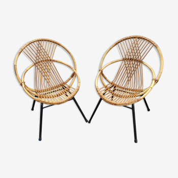 Pair of shell armchairs or basket in braided rattan, metal legs