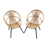 Pair of shell armchairs or basket in braided rattan, metal legs