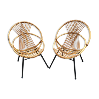 Pair of shell armchairs or basket in braided rattan, metal legs