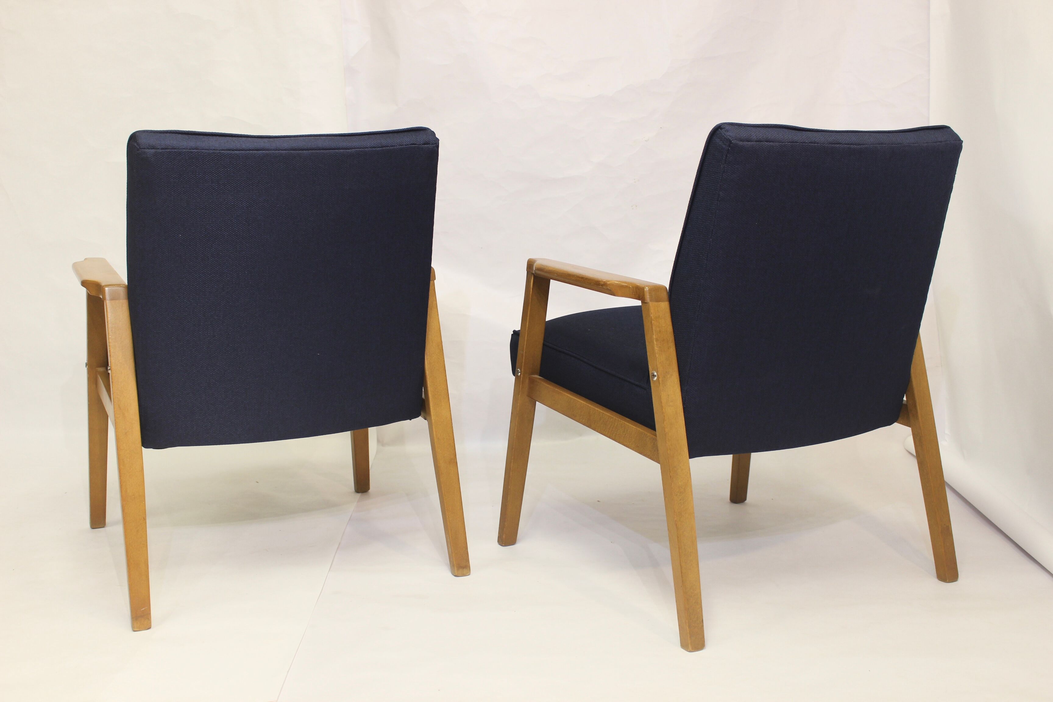 Pair of Scandinavian armchairs 60s restored deep blue gloved fabric.