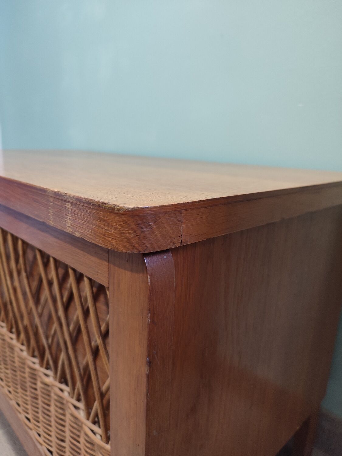 Vintage wooden and rattan toy chest