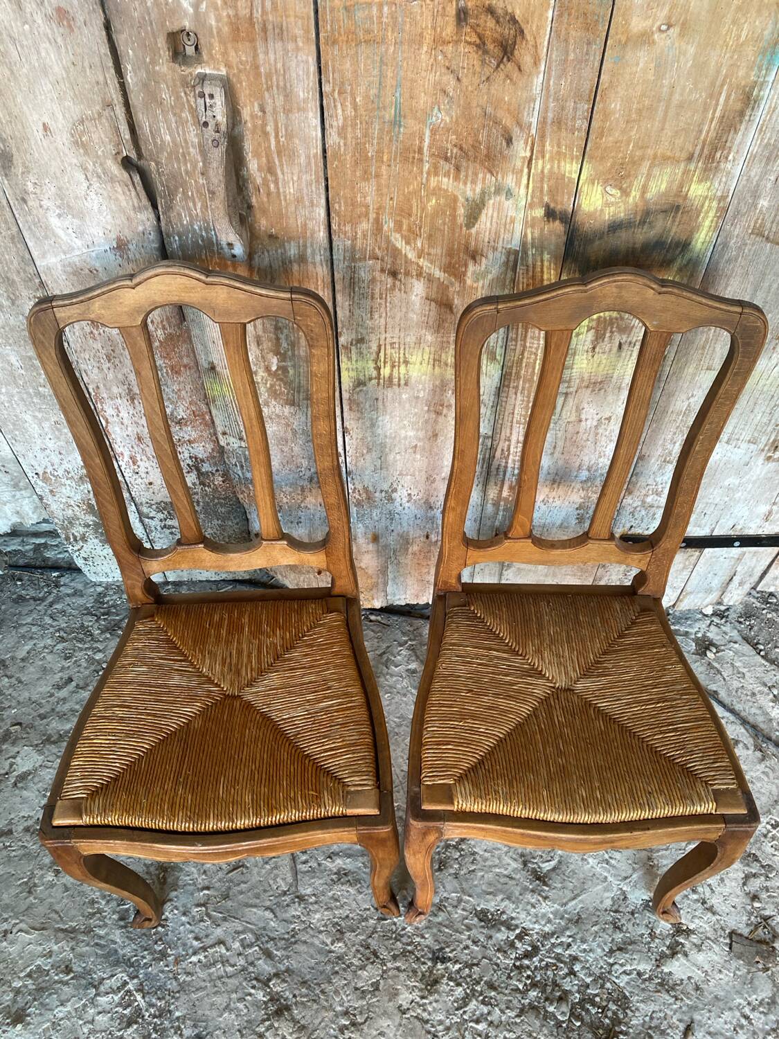 Pair of Antique Art Nouveau Chairs with Wooden Frame + Woven Straw Seat Vintage