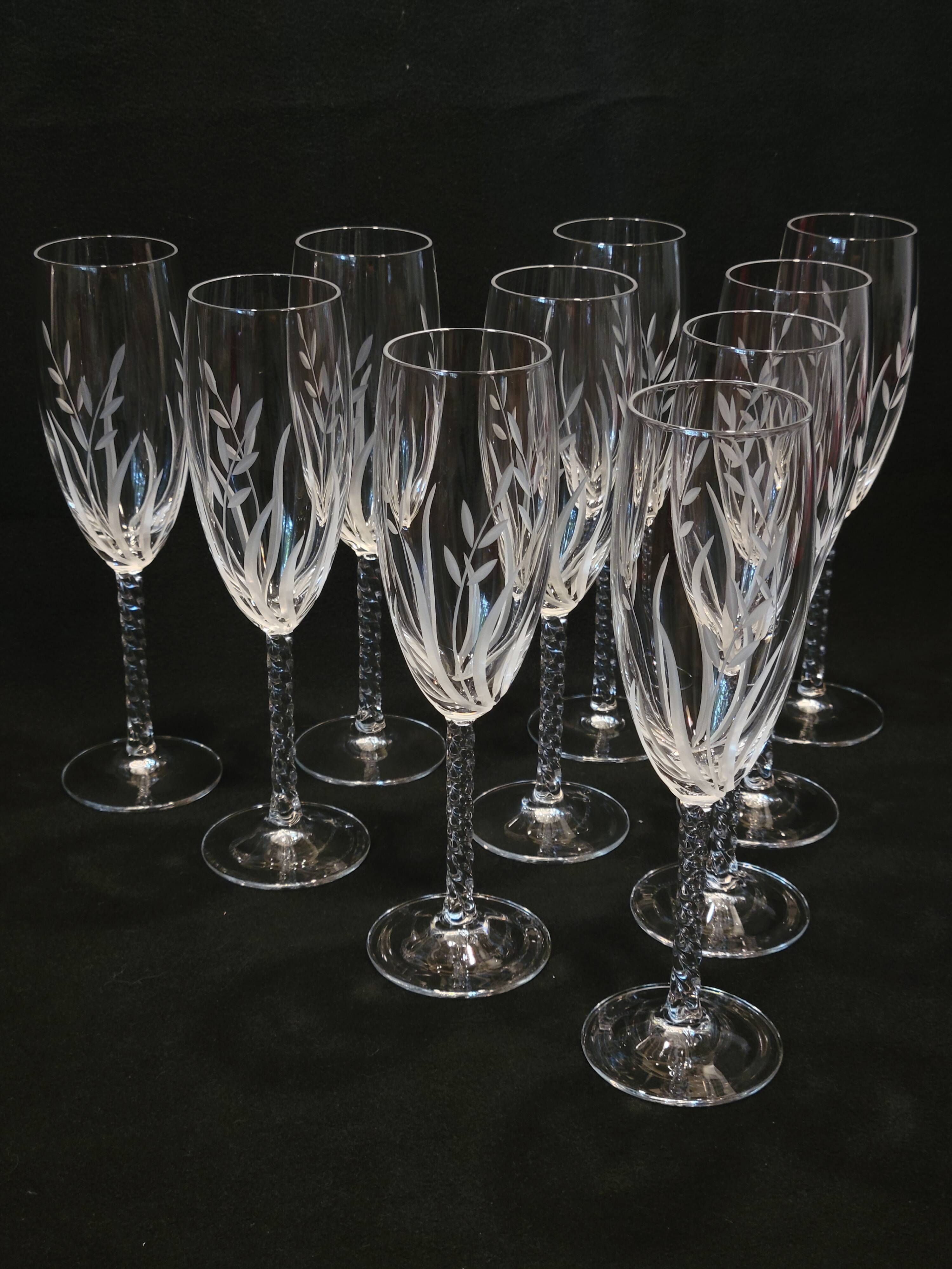10 Arques Crystal Champagne Flutes, Fleury Cut Flamépis Pattern
