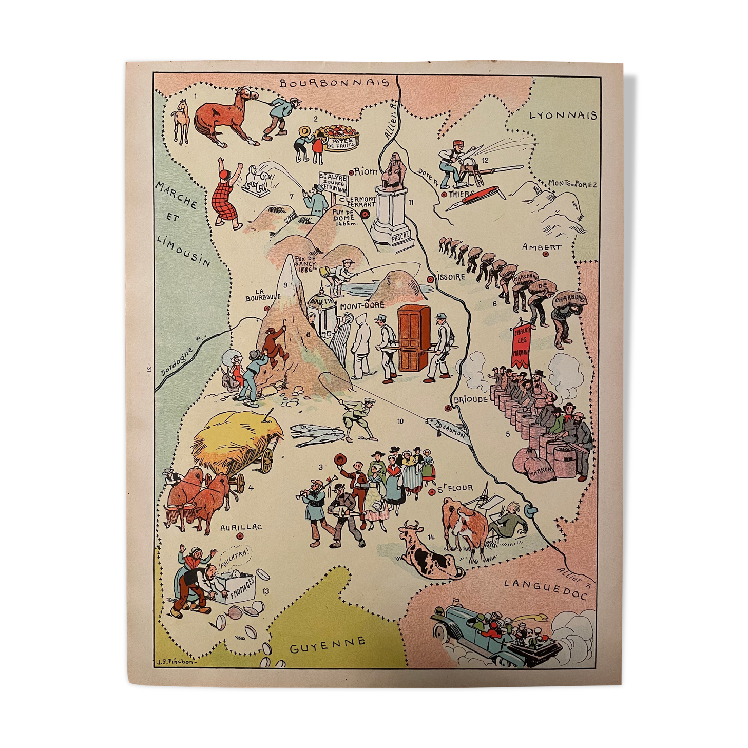Old illustrated map of Auvergne - JP Pinchon