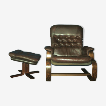 Fauteuil lounge en bois courbé et cuir avec son ottoman, 1960