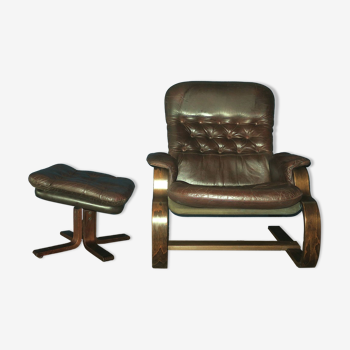 Mid century bentwood cantilever leather lounge chair with ottoman, 1960s