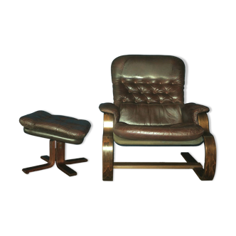 Mid century bentwood cantilever leather lounge chair with ottoman, 1960s