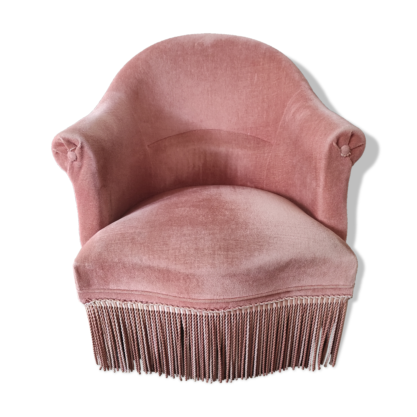 Fauteuil crapaud vintage rose poudré à franges