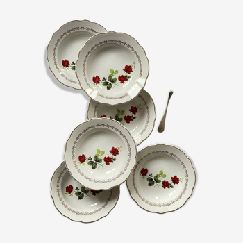 Set of 6 old earthenware soup plates made in France by Sarreguemines