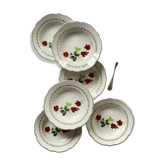 Set of 6 old earthenware soup plates made in France by Sarreguemines