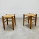 Pair of straw and wood stools, 1960s, neo-rustic style.