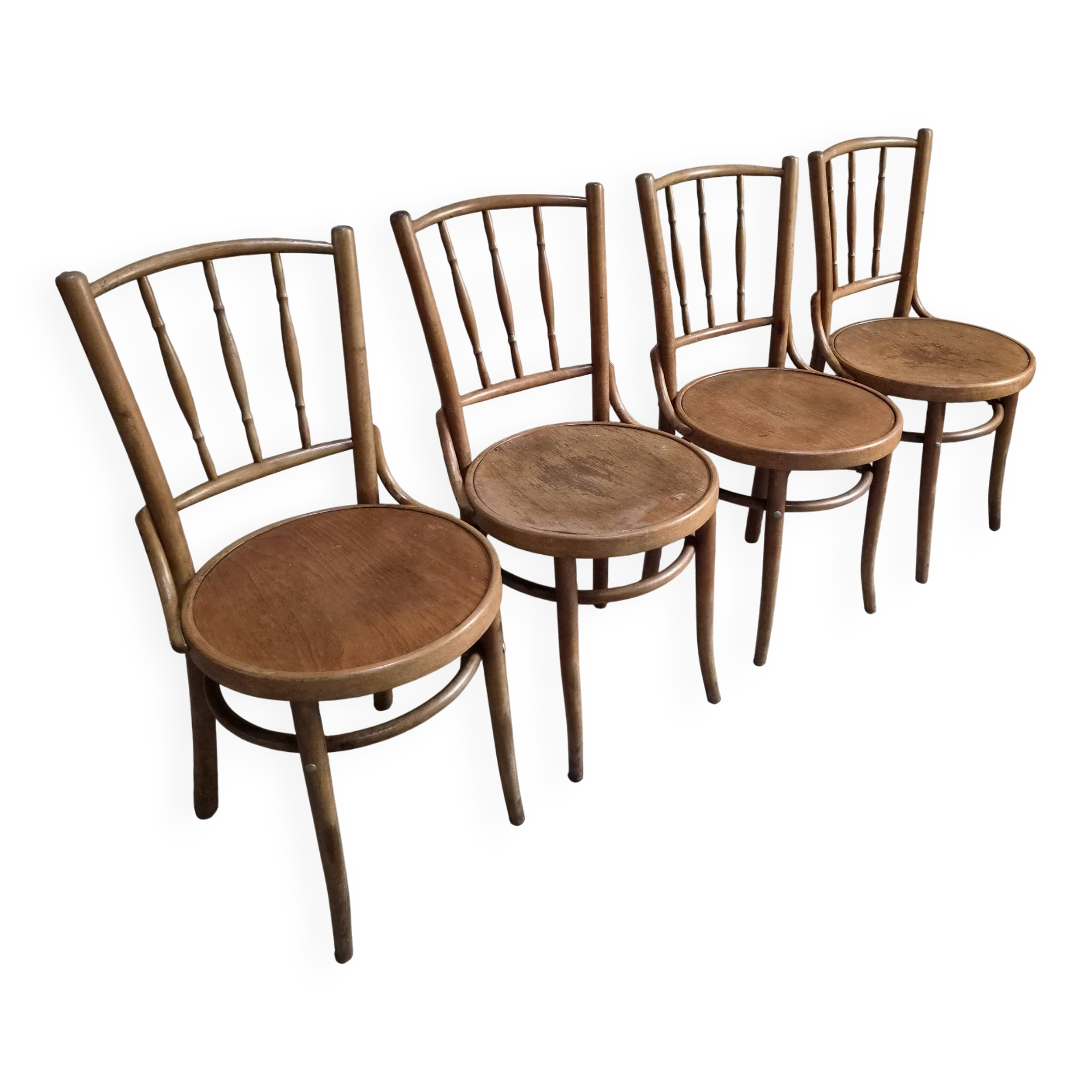 Set of 4 Fischel bentwood bistro chairs, Czechoslovakia, circa 1930–1950.