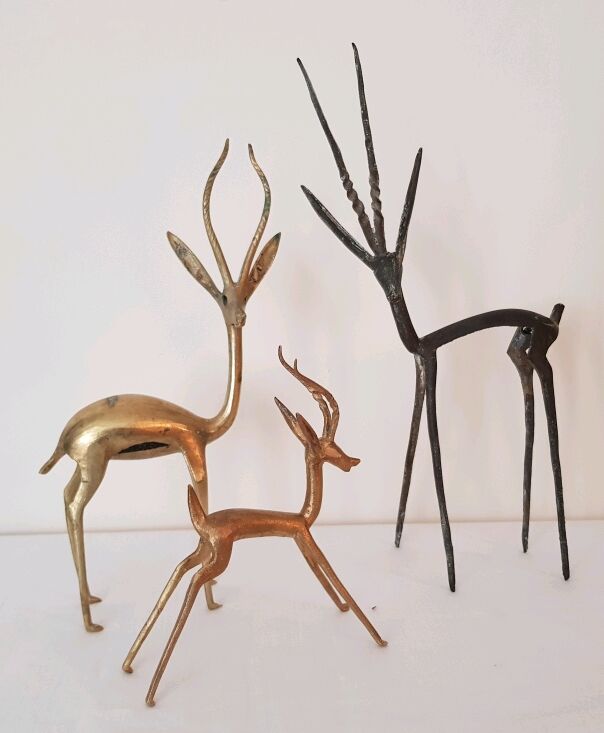 Trio gazelles and antelopes in brass and bronze