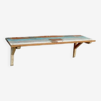 Polychrome teak wall shelf with folding brackets