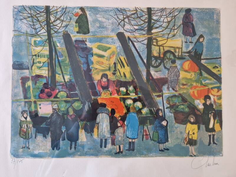 Lithographie en couleurs, Scène de marché, Nathalie Chabrier (née en 1932)
