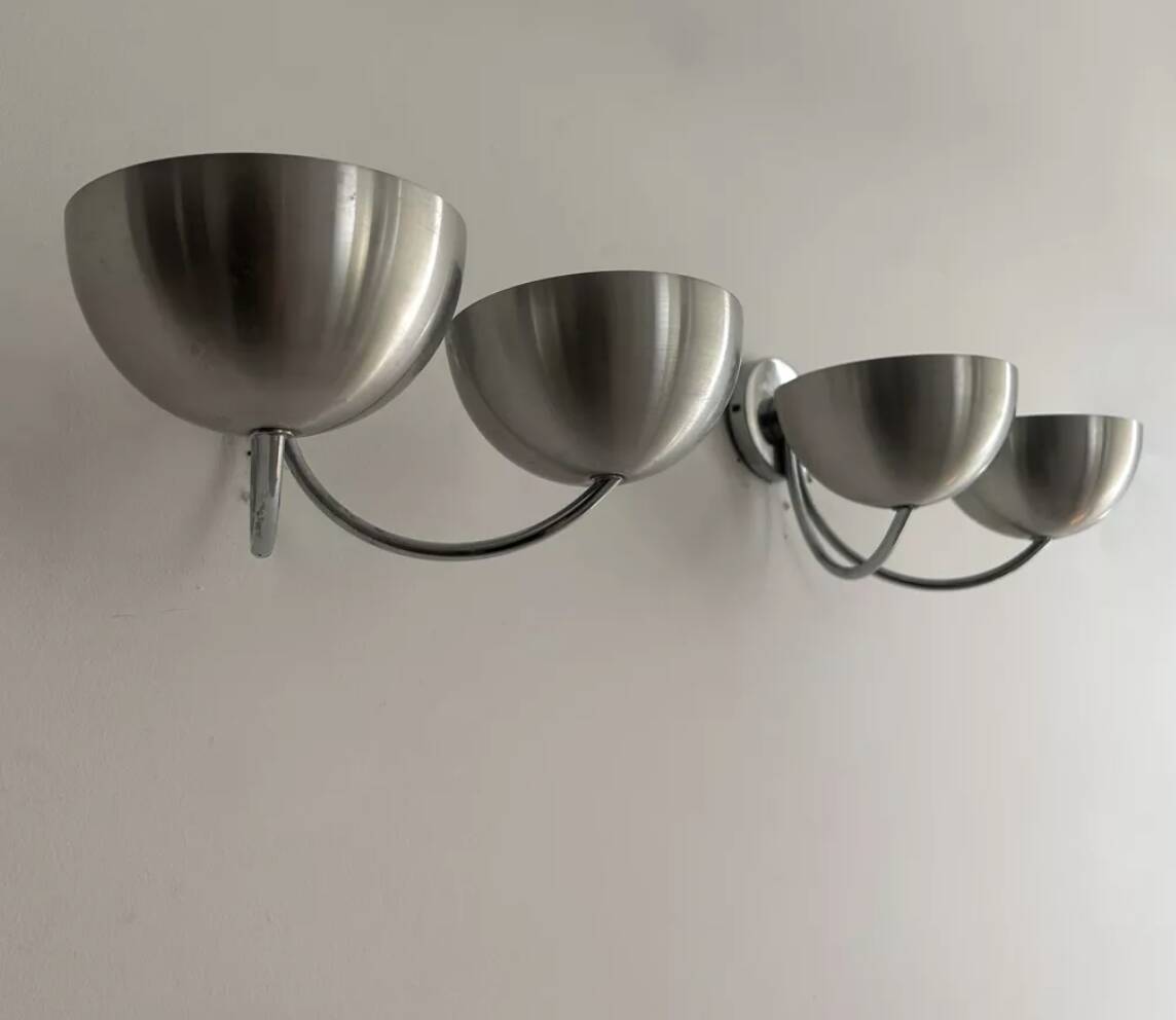 Pair of vintage double wall lights, brushed aluminum and chrome, France 1970
