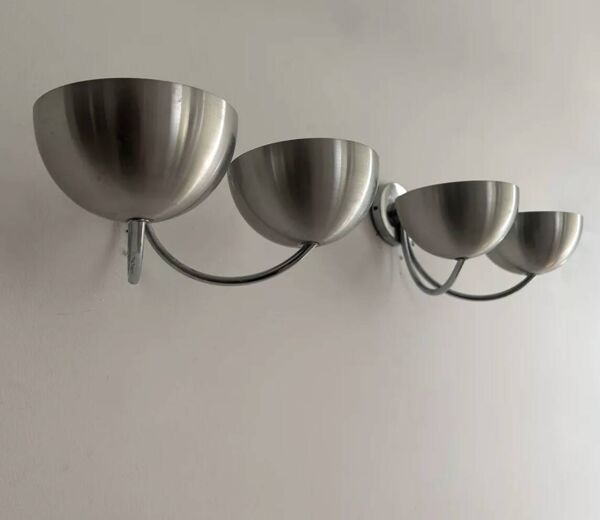 Paire d'applique vintage double, aluminium brossé et chrome, France 1970