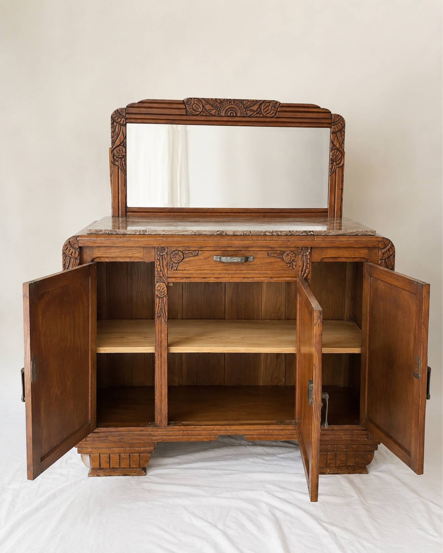 Art Deco buffet from the 1930s, solid wood, marble top, removable mirror.