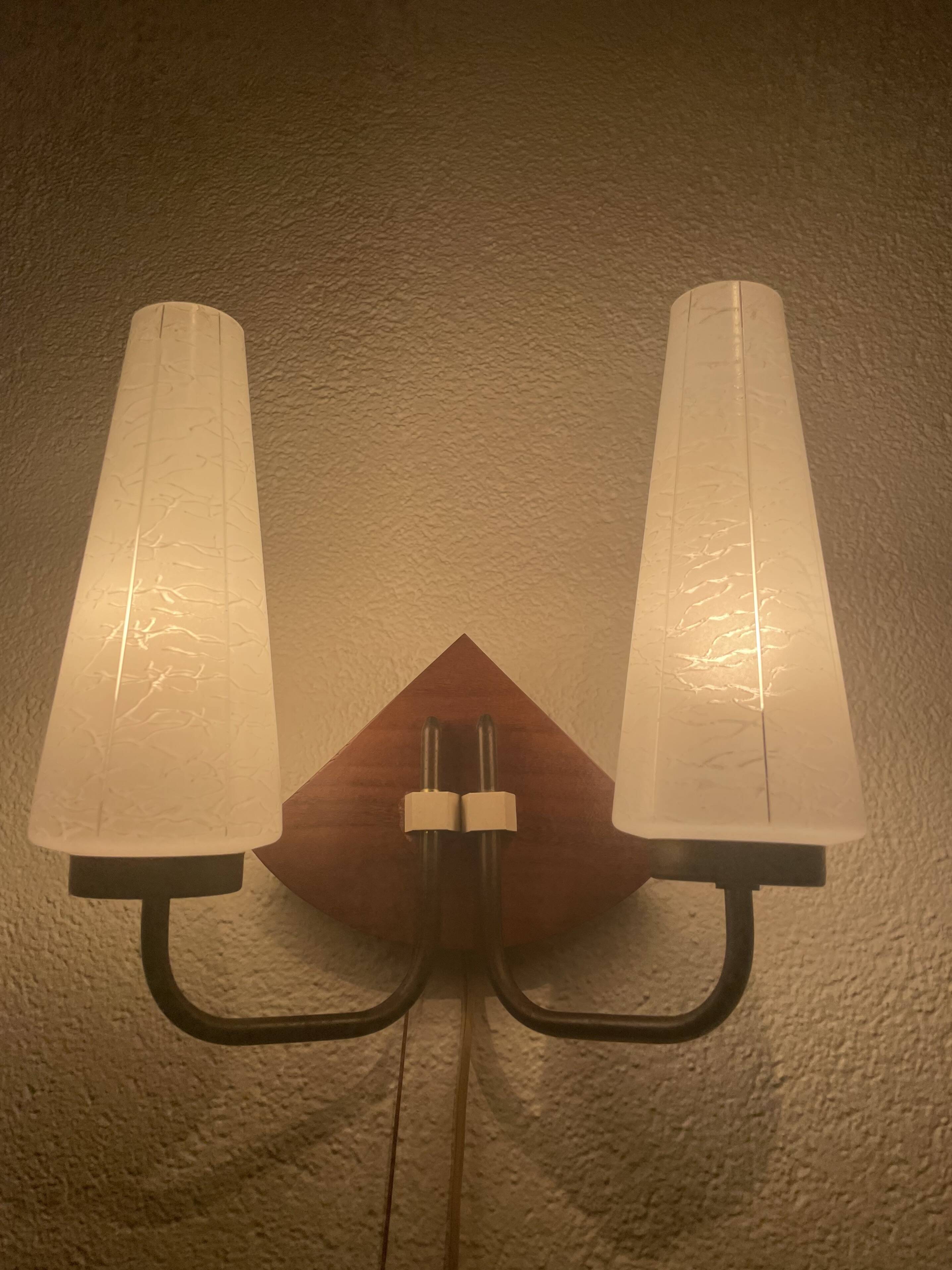 Art deco opaline, wood and brass 2 armed wall light