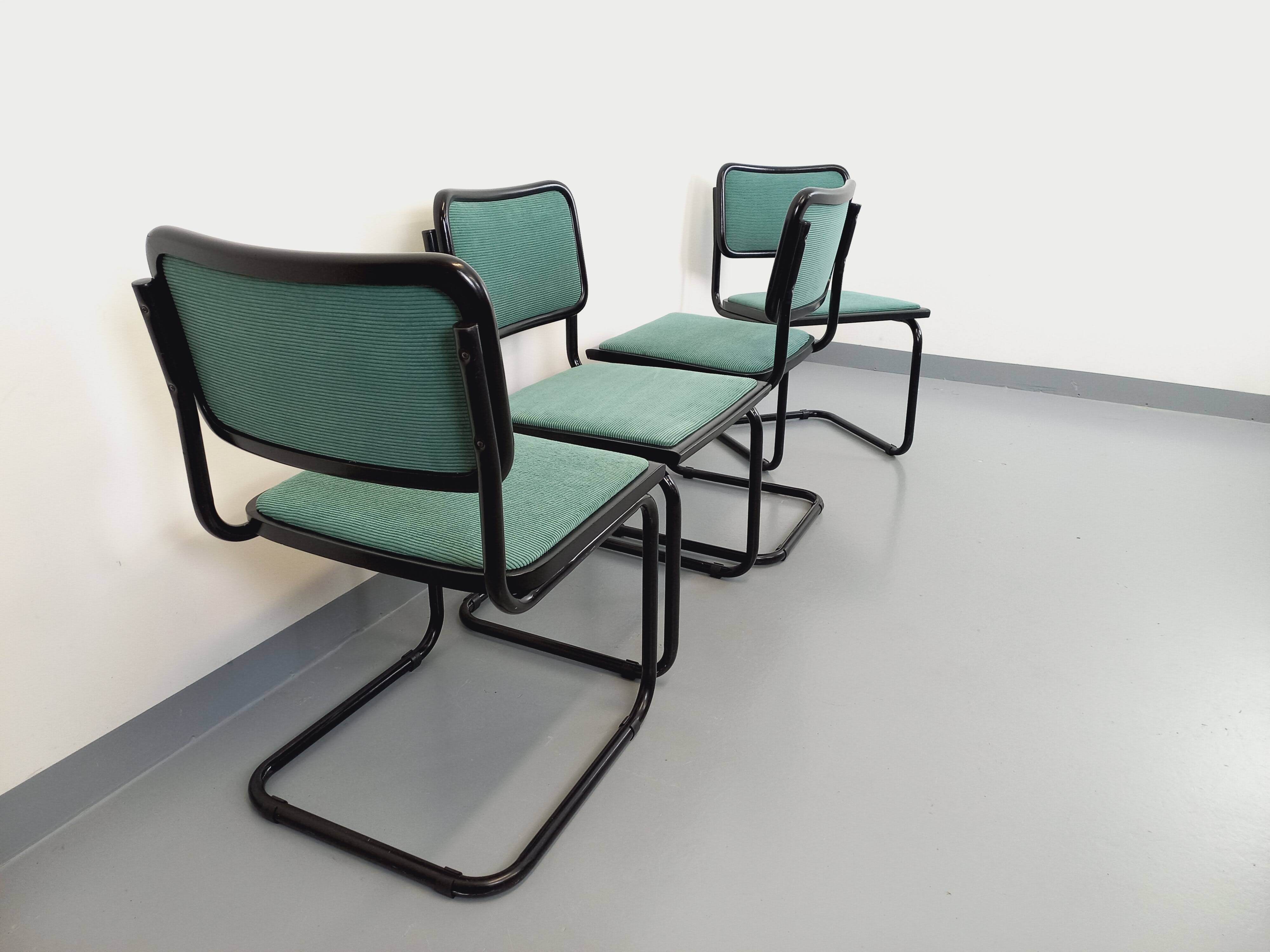 Set of 4 vintage Marcel Breuer Cesca B32 Bauhaus style chairs in black metal, black wood and v fabric