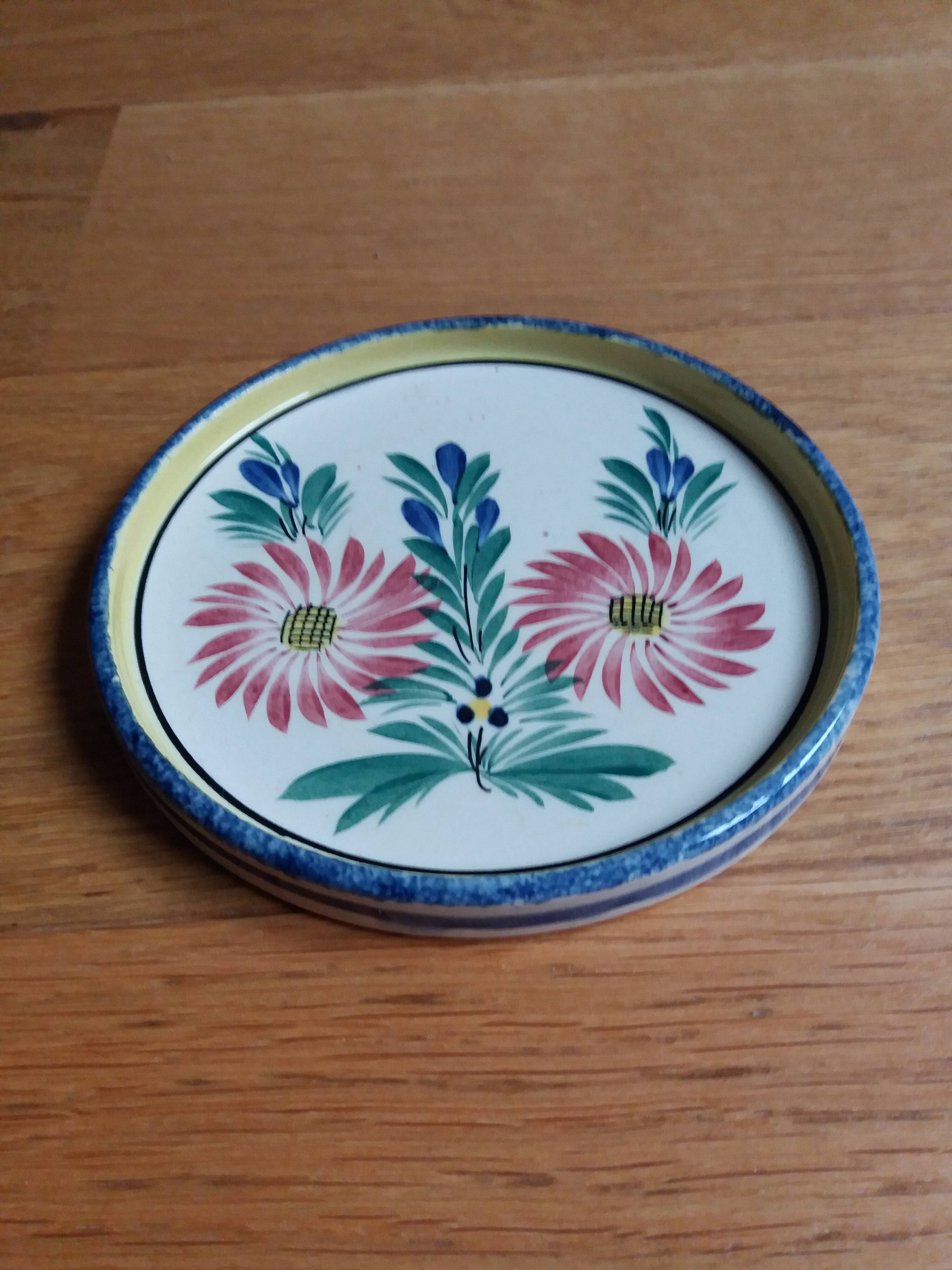 Saucer cup ramekin HB Quimper ceramic signed PF and numbered