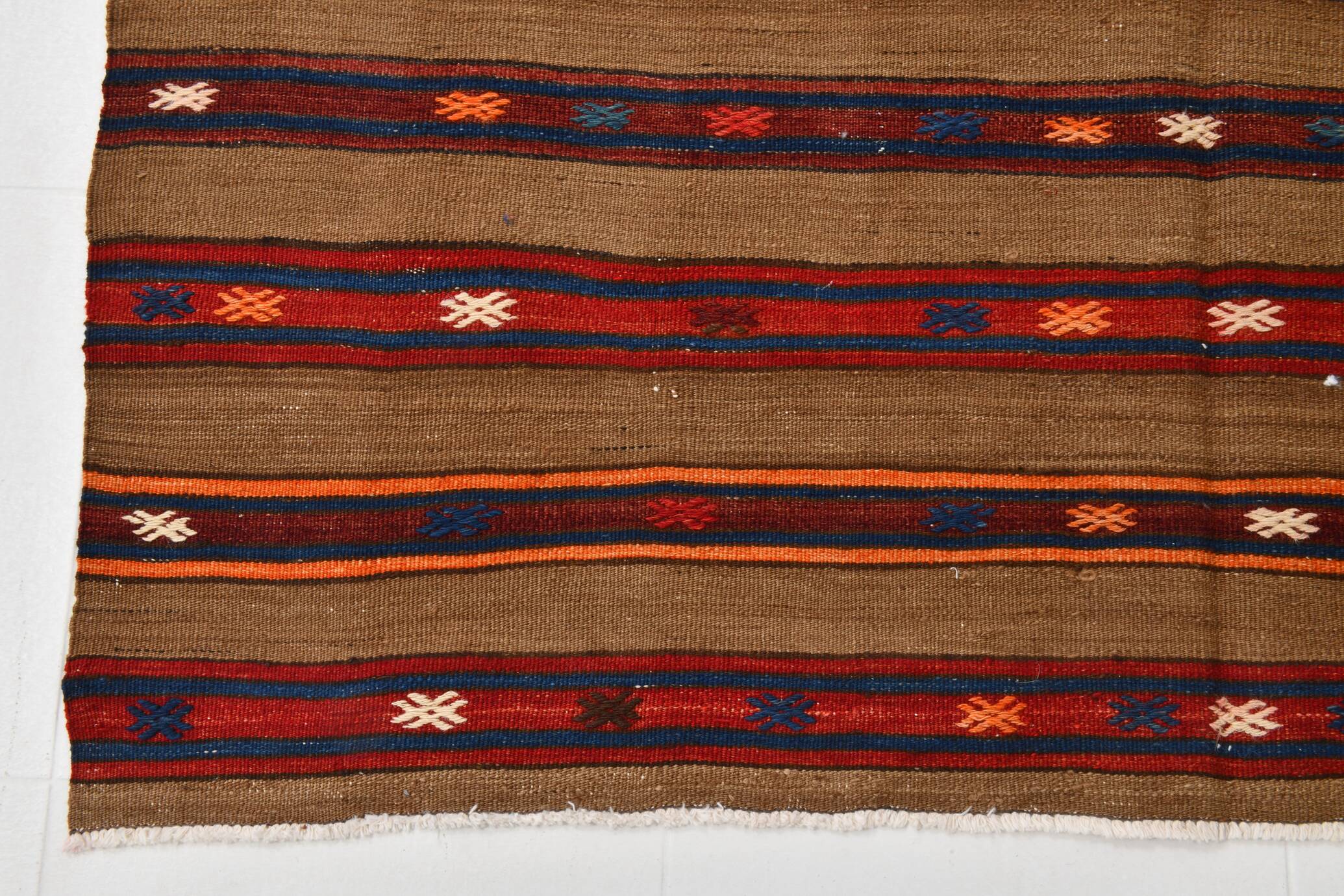 Turkish Striped Red Brown Vintage Kilim Rug, 154x246Cm