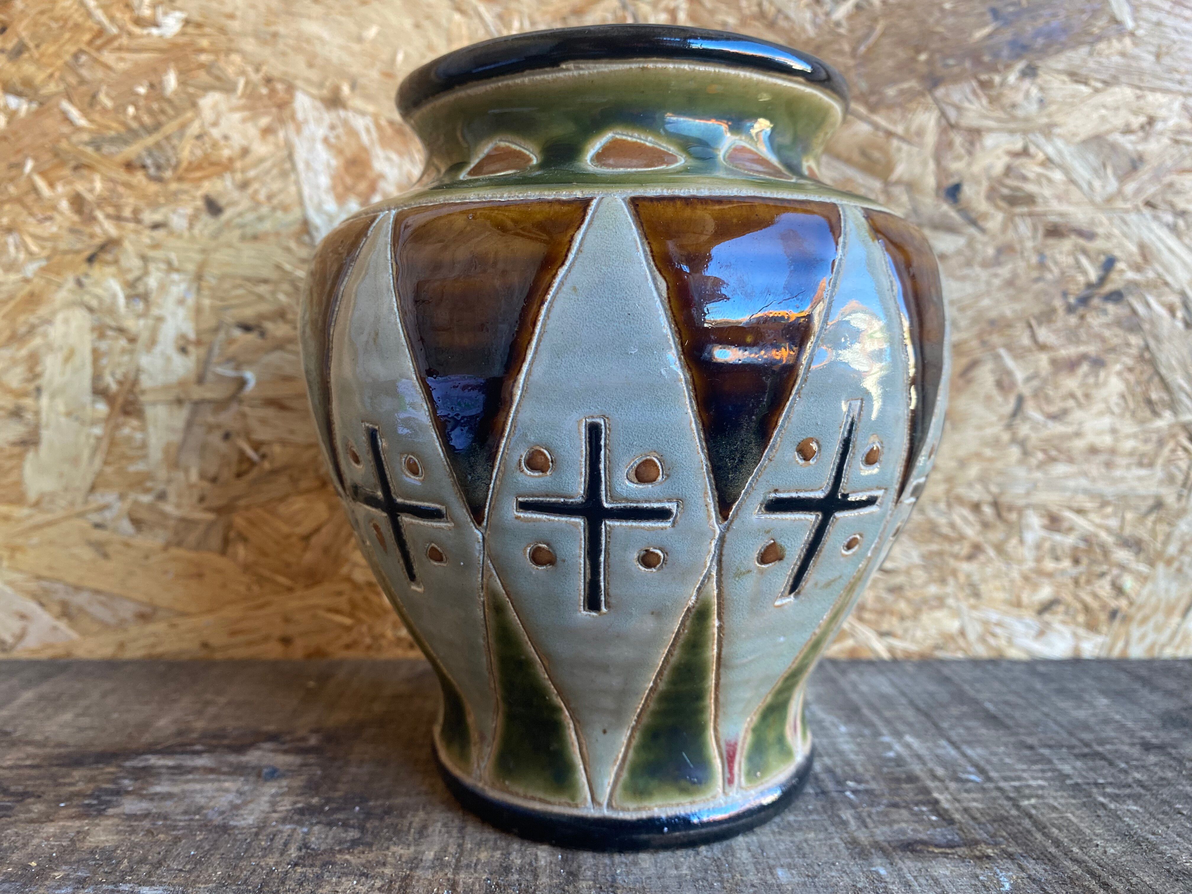 Vintage Polychrome Glazed Stoneware Vase #D961