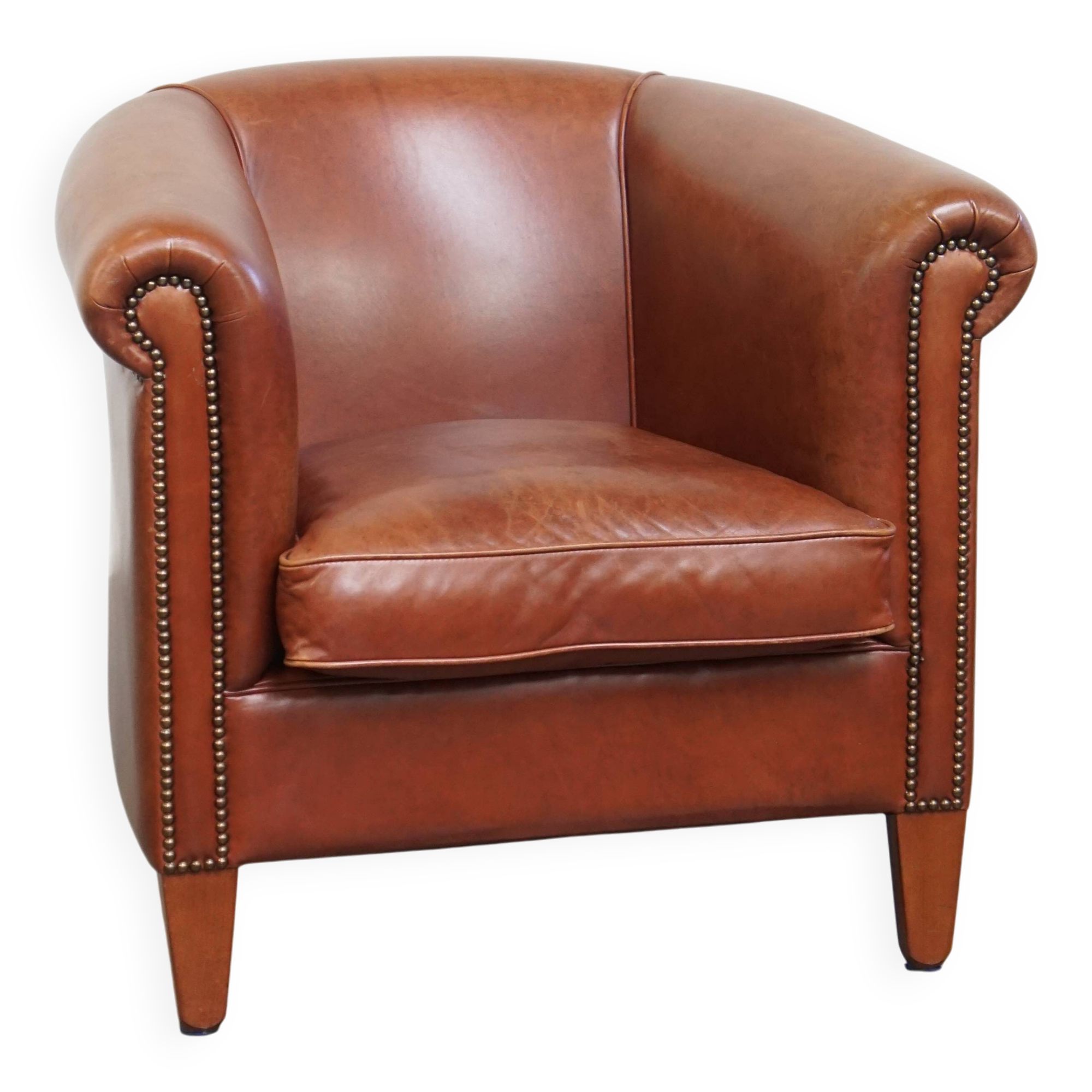 Cowhide Leather Club Armchair in a Cognac Color