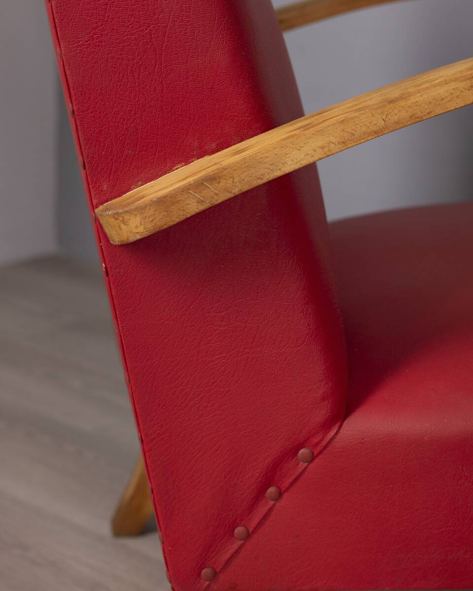 Pair of vintage 1950's armchairs in red leather, italian design
