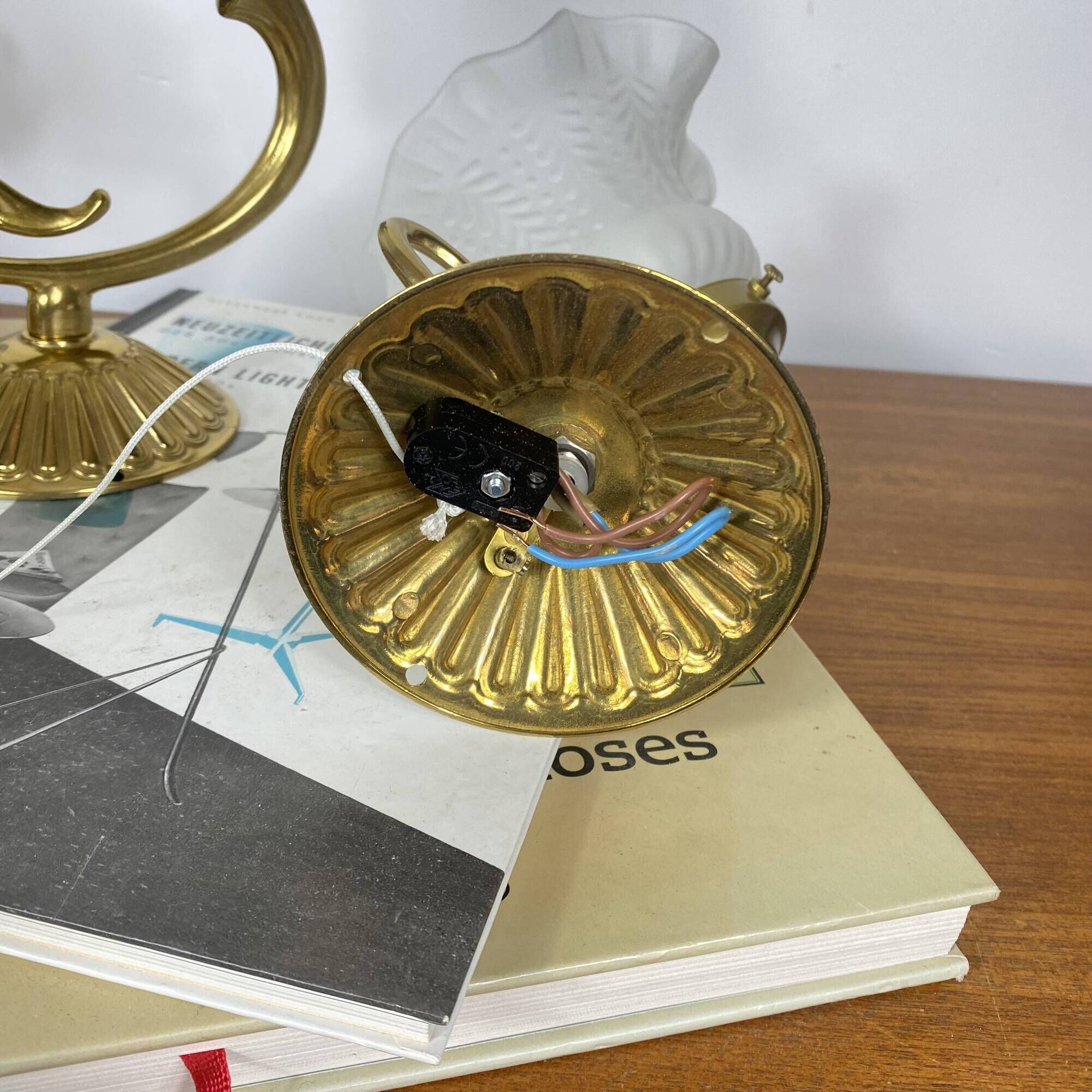 Pair of antique wall sconces with swan neck in brass, glass tulip.