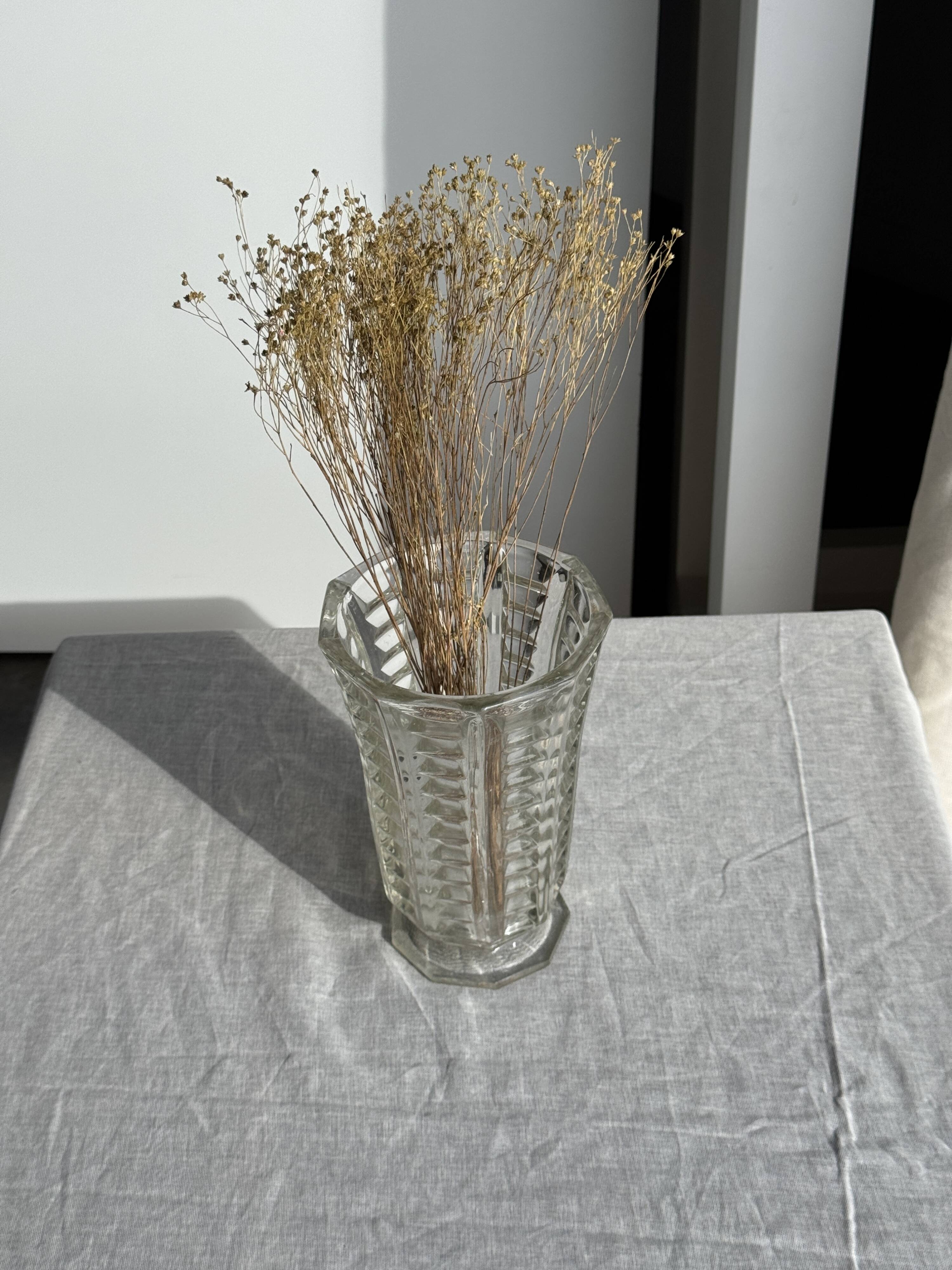 Vintage geometric moulded glass flared vase H21