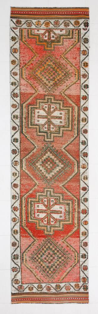 Brick Red Geometric Style Turkish Oushak Runner Rug, 90x340 Cm